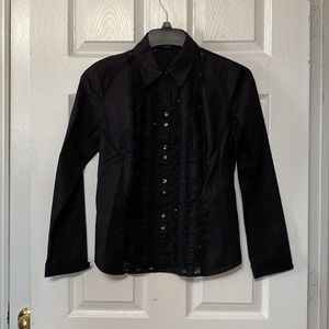 Sandra Ingrish Black Beaded Sequin Lace Trim Button Down Shirt